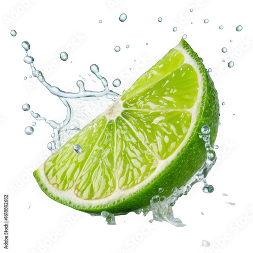 Fresh lime wedge splashing water isolated on transparent background