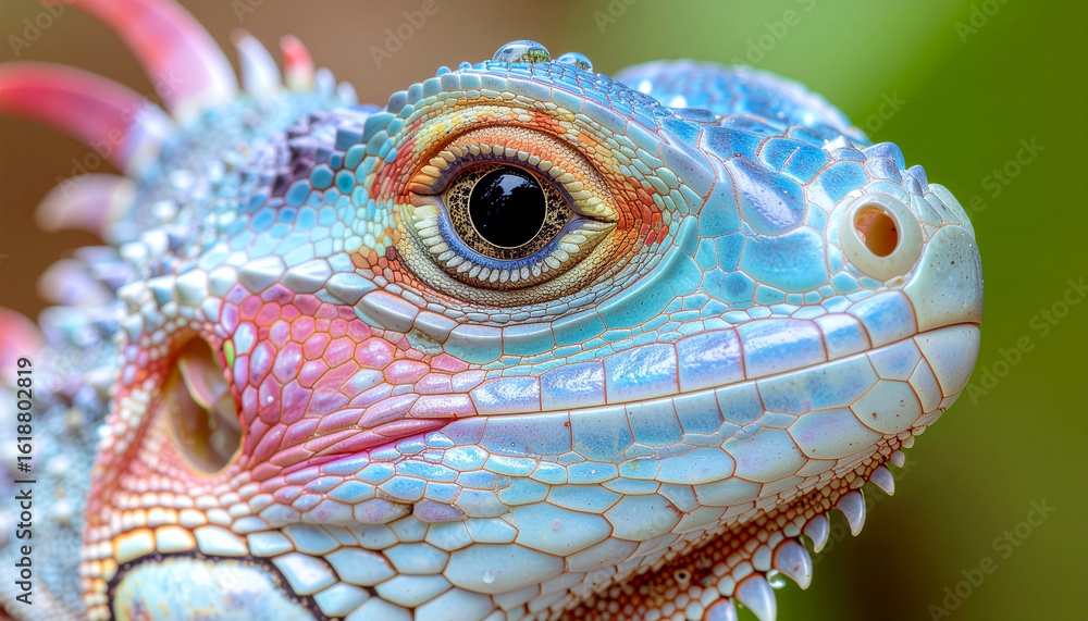 Fototapeta premium Close-Up of a Colorful Lizard's Skin Showcasing Iridescent Patterns and Water Droplet