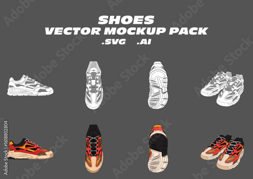 Shoes Vector Mockup Pack – Editable vector templates for sneakers and casual footwear. Includes side, top, and sole views, ideal for sneaker designers, fashion brands, and tech pack development.