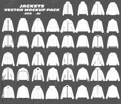 Jackets Vector Mockup Pack – Editable and detailed vector templates for jackets, featuring front and back views. Perfect for streetwear, outerwear collections, and fashion tech packs. 