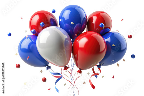3d red white and blue balloons with confetti isolated on transparent background