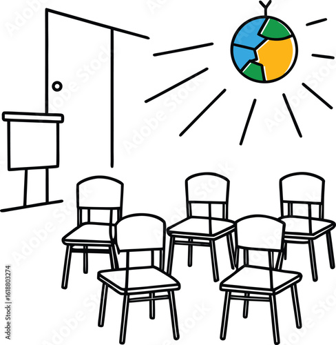 classroom with colorful chairs map and sunlight 1