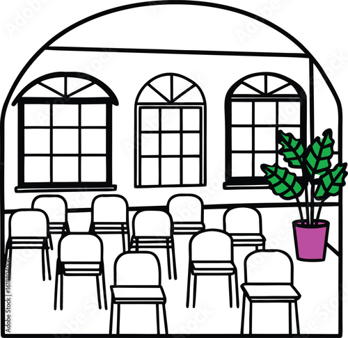classroom with colorful chairs plants and big window