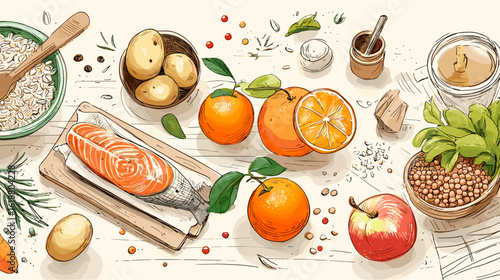 Fresh ingredients for cooking salmon with oranges and herbs  