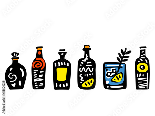Colorful beverage bottles and cocktail glass on white background  
