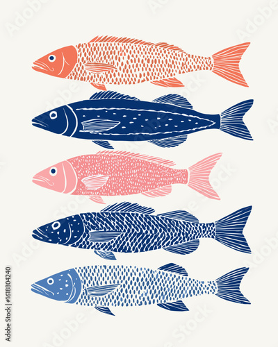 Colorful fish illustrations in various patterns and orientations  
