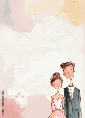 Illustrated couple in wedding attire standing against pastel background  