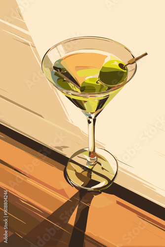Martini glass with olives on wooden surface in minimalist style  