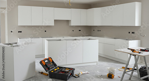 Modern kitchen under construction, white cabinets, tools scattered.