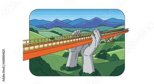Illustration of bridge held by hands over landscape for graphic design projects