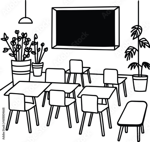 classroom with colorful chairs plants and blackboard