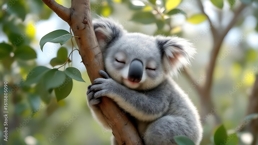 Fototapeta premium Adorable Sleepy Koala. Koala on Eucalyptus Tree. Koala Resting in Tree Canopy. Spiky Forest Dweller