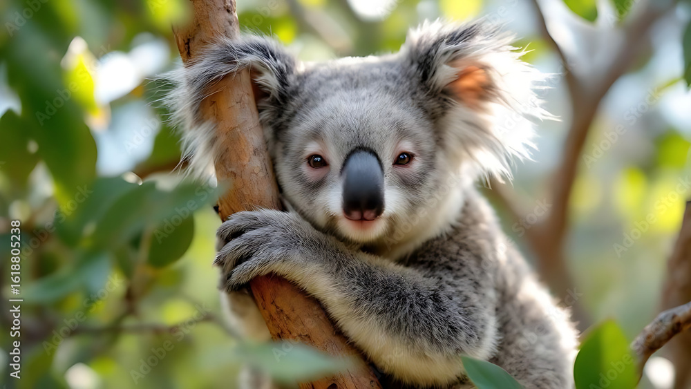 Obraz premium Adorable Sleepy Koala. Koala on Eucalyptus Tree. Koala Resting in Tree Canopy. Spiky Forest Dweller