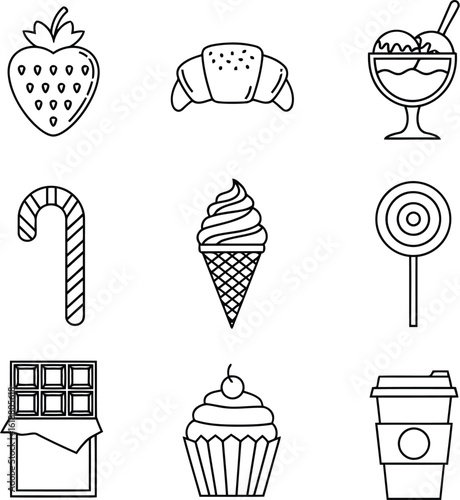 Black and white line art of various dessert treats and sweets graphic design elements for confectionary or bakery products
