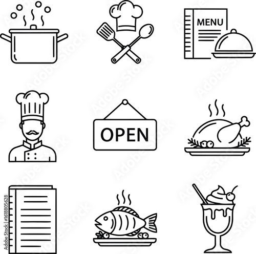 Black and White Restaurant Icon Set Featuring Chef Dishes Menu Open Sign and Cooking Utensils