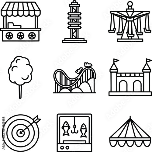 Collection of Amusement Park Icons Depicting Fun and Entertainment Black and White Linear Style Illustrations for Creative Projects and Designs