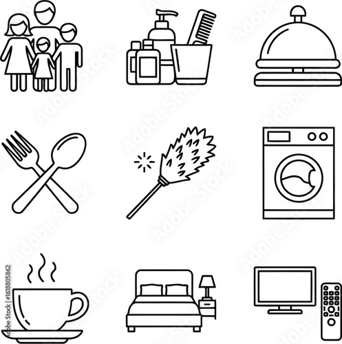 Hotel Amenities and Services Icon Set in Black and White Outline Style Depicting Family Vacation and Housekeeping Needs