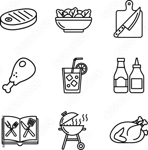 Icon set for barbeque theme with steak salad drink chicken cookbook knife grill and sauces in black and white