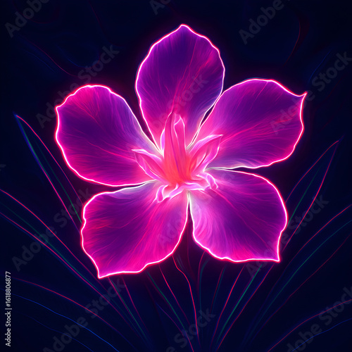 Tropical Neon Oleander Flower with Glowing Outline