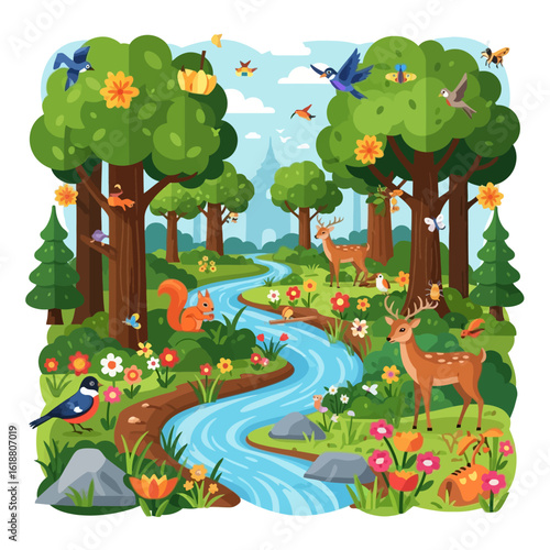 A vibrant forest scene with a flowing river, deer, birds, squirrels, flowers, and trees.
