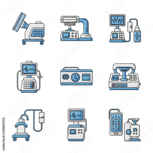 Collection of medical equipment, including ventilators, monitors, and other respiratory devices, displayed in a grid format.