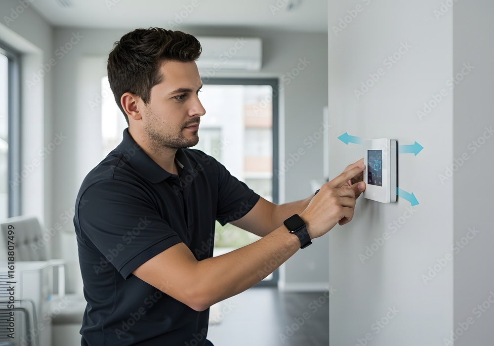 Fototapeta premium Man programming a modern smart thermostat for home automation and climate control. He is adjusting the temperature on the digital touch screen.