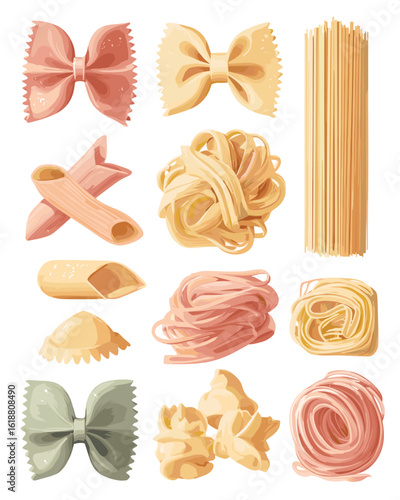 Assorted pasta shapes in various colors on white background  