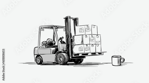 Forklift carrying boxes in warehouse with coffee cup on ground  