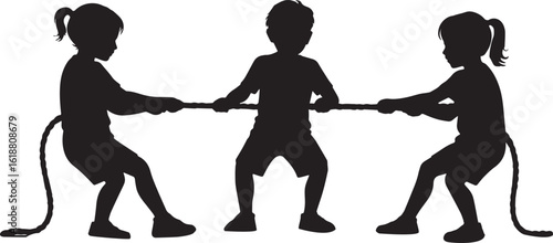 Children pulling rope in tug of war kids playing
