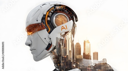 Futuristic cyborg profile with a double exposure of a modern city skyline, symbolizing artificial intelligence and smart urban technology.
