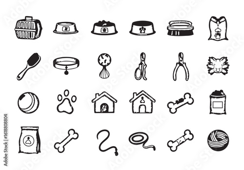 Collection of Pet Care Accessories Doodle Style Illustration on White Background for Online Stores and Pet Shops