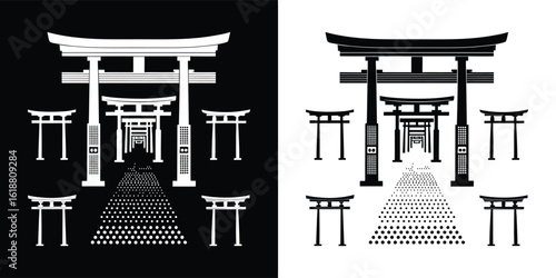Symmetrical Illustration of Japanese Torii Gates in Monochrome Perspective with Dotted Path and Traditional Shrine Entrance
