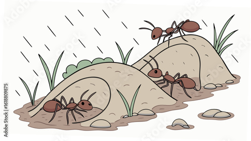 Illustration of ants near an anthill with grass and rain on a white background in cartoon style