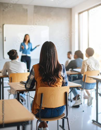 A university student sitting attentively in a classroom with other students, listening to the professor during a lecture. A whiteboard in the background and natural daylight filling the room.
