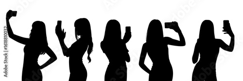 Five black silhouettes of women taking selfies with smartphones. Monochrome vector illustration collection featuring various selfie poses, mobile phones and female figures. Simple, bold graphic design