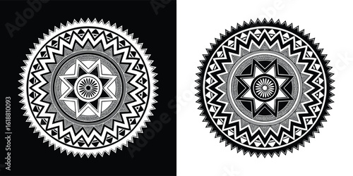 Circular mandala design with ethnic geometric patterns and star motif in black and white for decoration and ornamental use