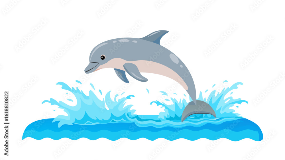 Fototapeta premium A cheerful cartoon dolphin leaps joyfully from the ocean waves in a playful aquatic display