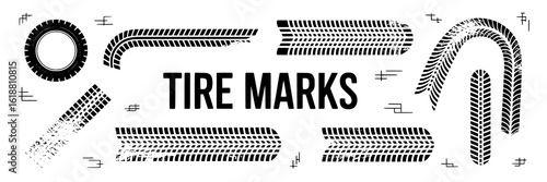 Tire Marks Vector Collection: Black and white tire tracks, skid marks, tire prints, curves, and a circular tire shape. Grunge, distressed textures. Design elements for automotive, racing, or transport