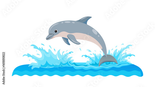 A cheerful cartoon dolphin leaps joyfully from the ocean waves in a playful aquatic display
