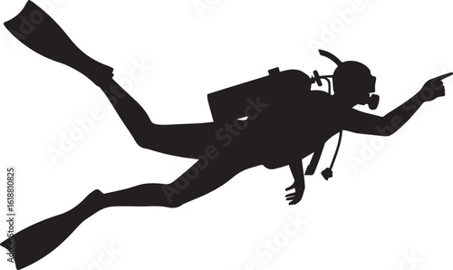 Silhouette diver pointing with scuba gear and fins diving underwater