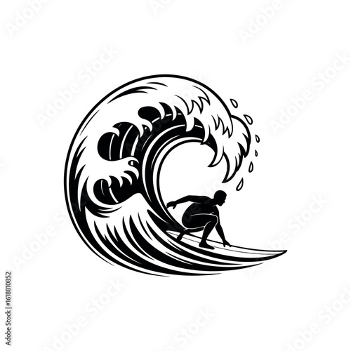 Silhouette of surfer riding a stylized black wave on white background surfing ocean