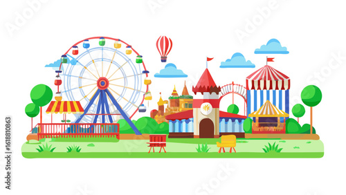 Vibrant amusement park scene with a ferris wheel circus tent and various attractions under a cloudy sky