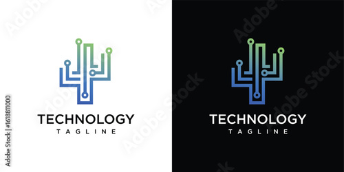 Technology cactus tree logo design template. Digital technology vector logo inspiration made with lines.