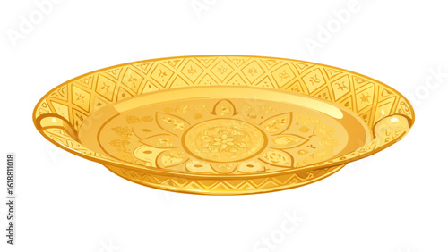Ornate golden decorative tray with intricate floral and geometric patterns presented on a black background