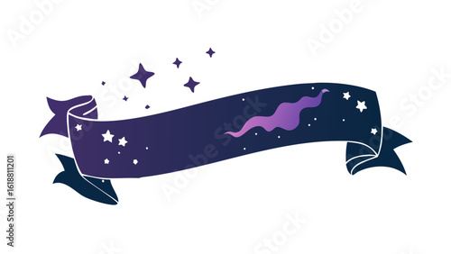 Cosmic banner with stars and a swirling purple nebula against a dark night sky background