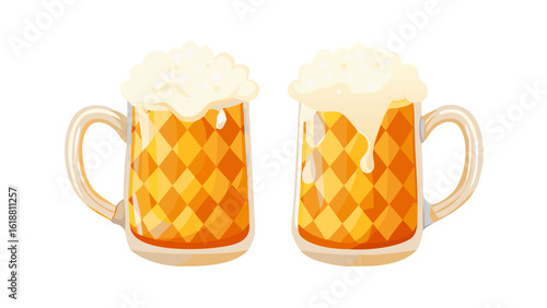 Two refreshing mugs of beer with frothy foam and dripping condensation on a black background