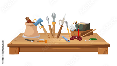 A collection of various sculpting and carving tools organized on a wooden workbench ready for creative work