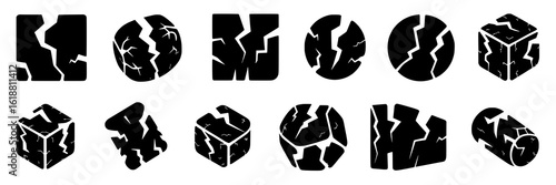 Cracked surface icon set. Collection of black and white vector illustrations of broken squares, circles, cubes, and spheres. Design elements for damage, destruction, or fragility concepts.