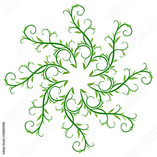 Complex green plant mandala. Intricate curved branches and leaves. . Spring floral round ornament. Luxury fractal design element. Plant vector illustration in shades of green
