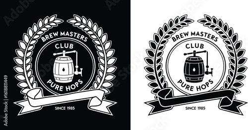 Vintage craft beer club emblem with hops barrel, tap, and laurel wreath in black and white for brewery or t shirt design